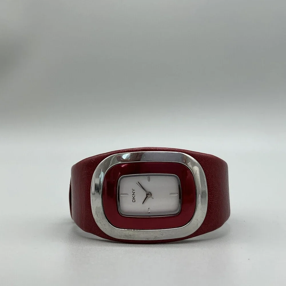 DKNY Womens Watch 33mm Silver Tone White Dial Red Leather Dress Cuff New Battery
